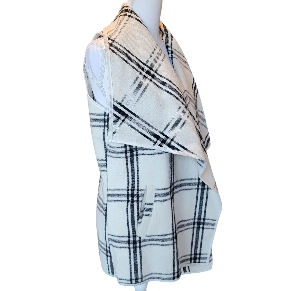 ETWO Black White Plaid Print Waterfall Open Front Cardigan Vest - Picture 2 of 9